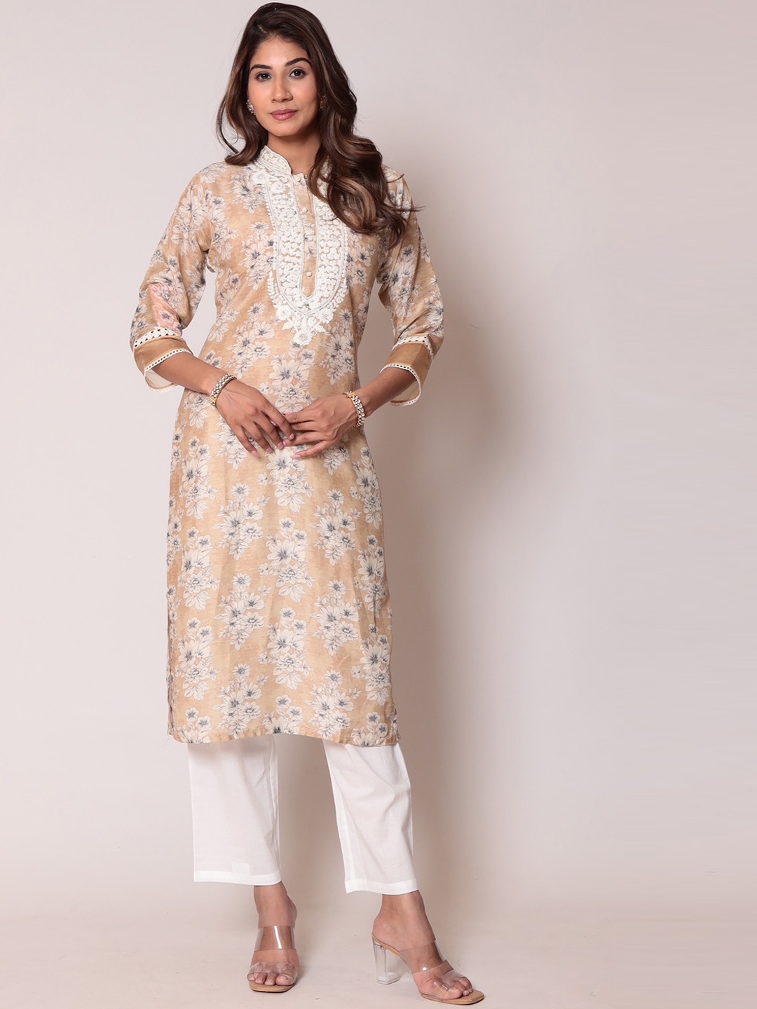 

ZARI Floral Printed Thread Work Kurta, Brown