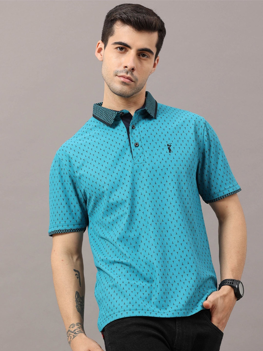 

STELLERS Micro Ditsy Printed Polo Collar T-shirt, Turquoise blue