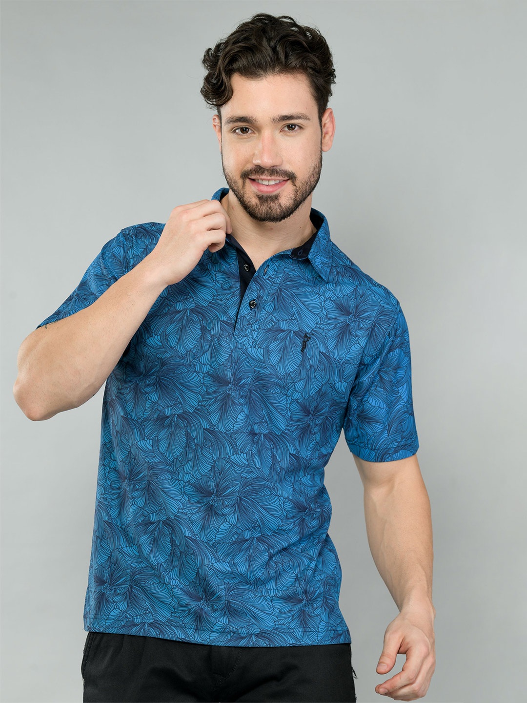 

STELLERS Floral Printed Polo Collar T-shirt, Blue