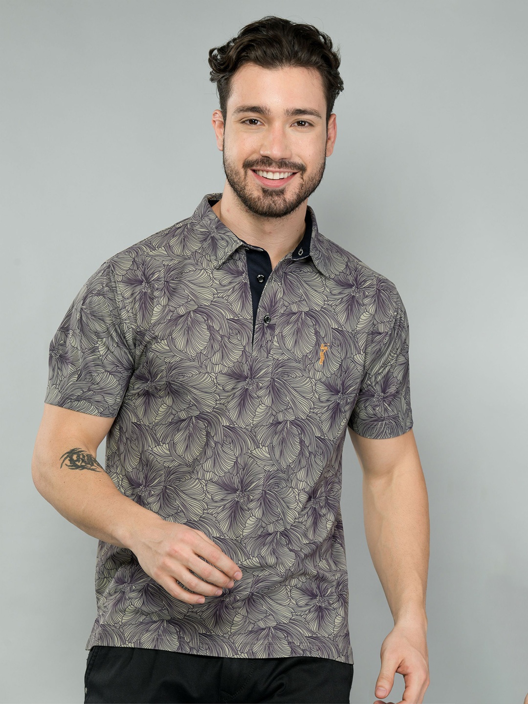 

STELLERS Floral Printed Polo Collar Dry-Fit T-shirt, Grey