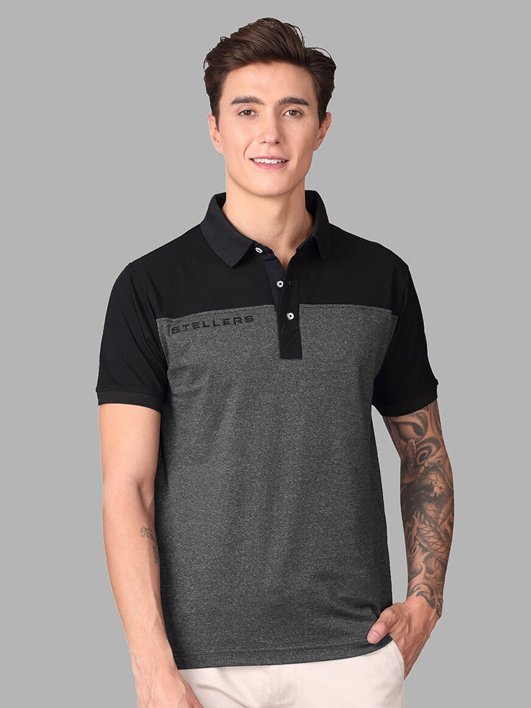

STELLERS Colourblocked Polo Collar Cotton T-shirt, Black