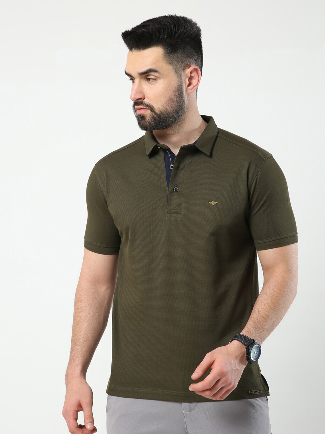 

STELLERS Polo Collar Cotton T-shirt, Olive