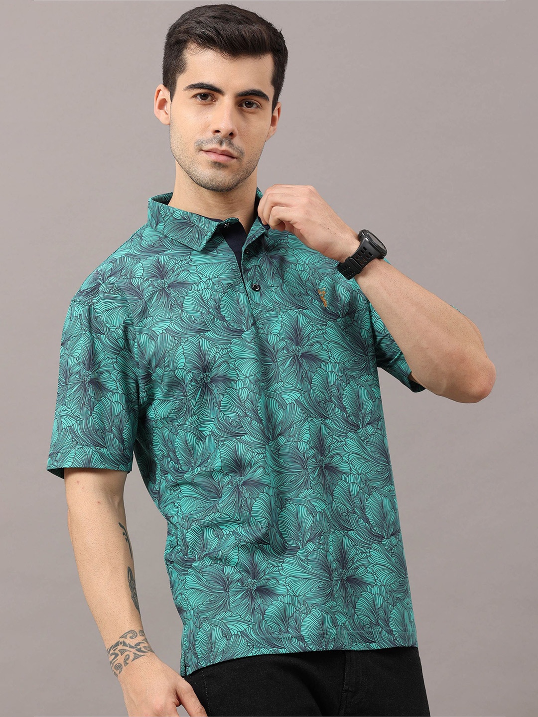 

STELLERS Floral Printed Polo Collar T-shirt, Green