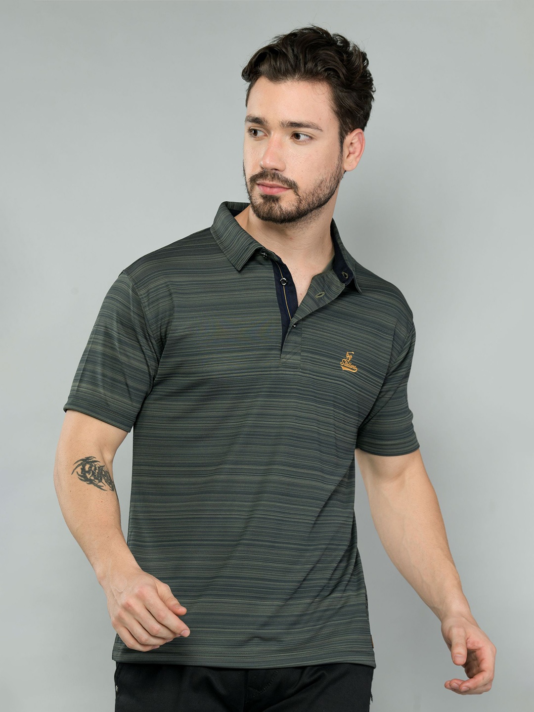 

STELLERS Striped Polo Collar T-shirt, Olive