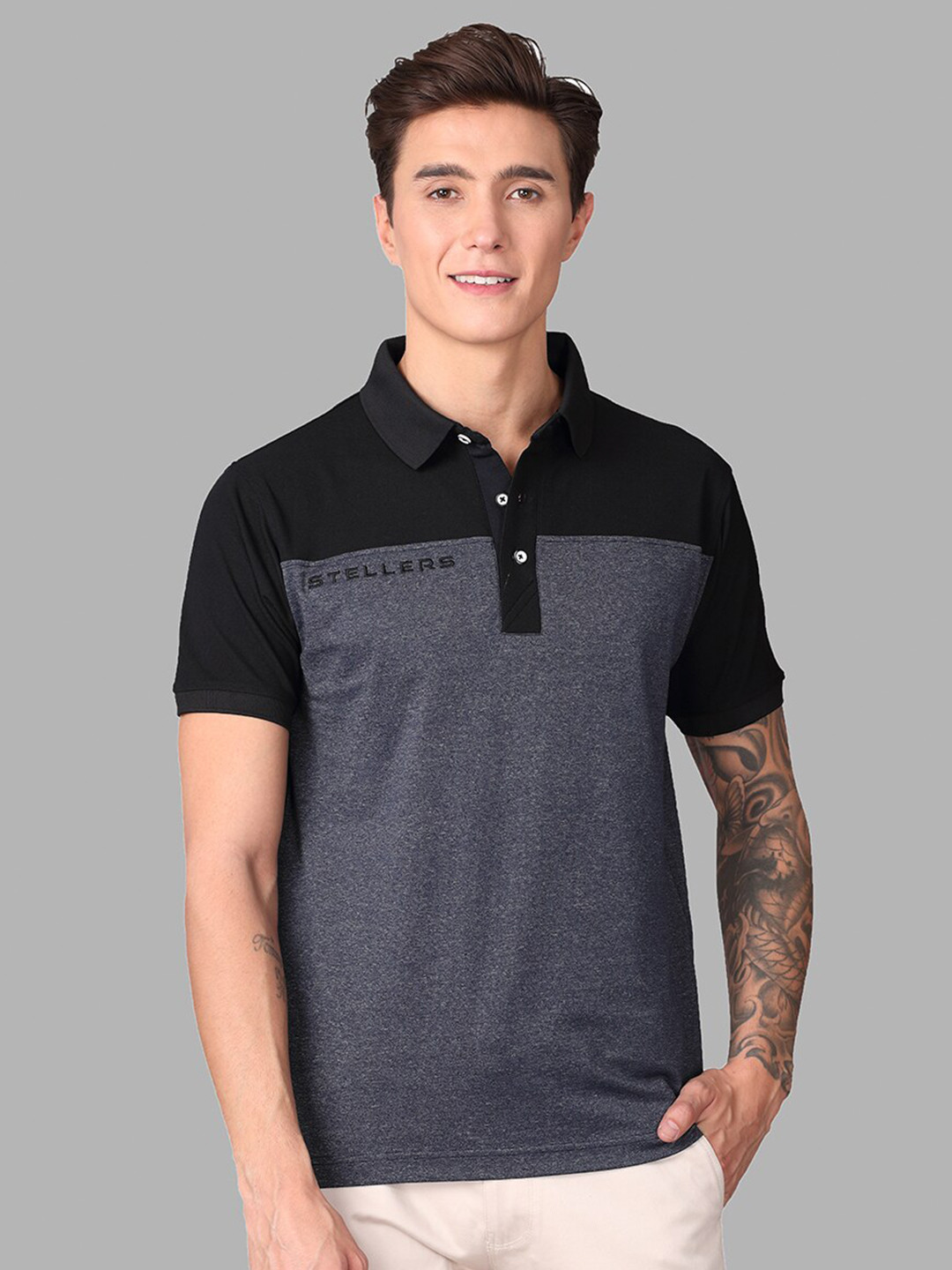 

STELLERS Colourblocked Polo Collar T-shirt, Grey
