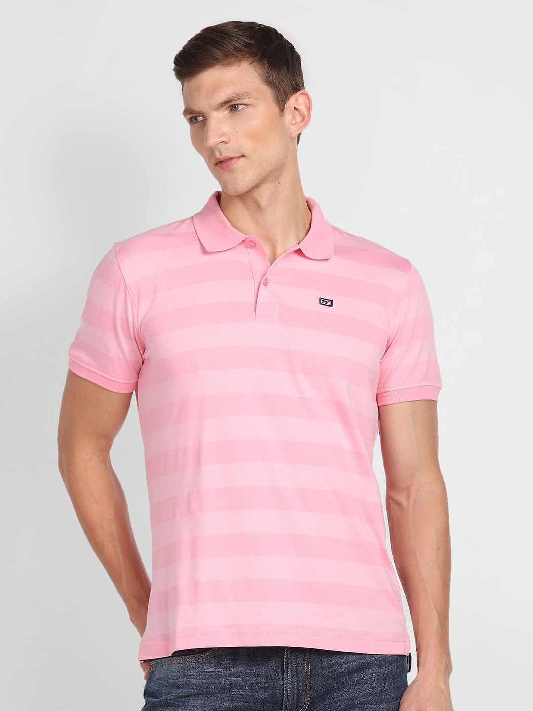 

Arrow Sport Striped Polo Collar Pure Cotton T-shirt, Pink