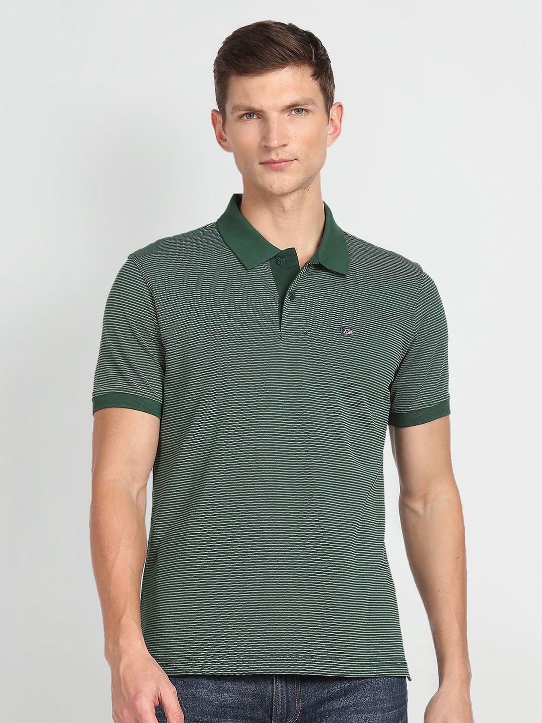 

Arrow Sport Striped Polo Collar Pure Cotton T-shirt, Green