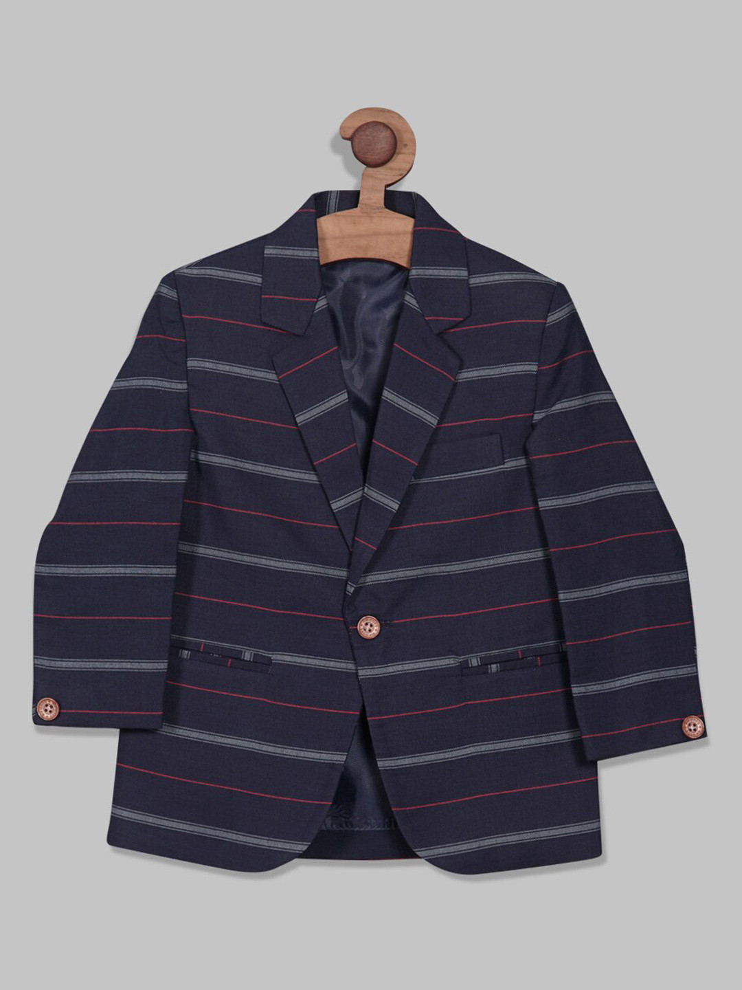 

RIKIDOOS Boys Striped Cotton Single-Breasted Blazer, Navy blue