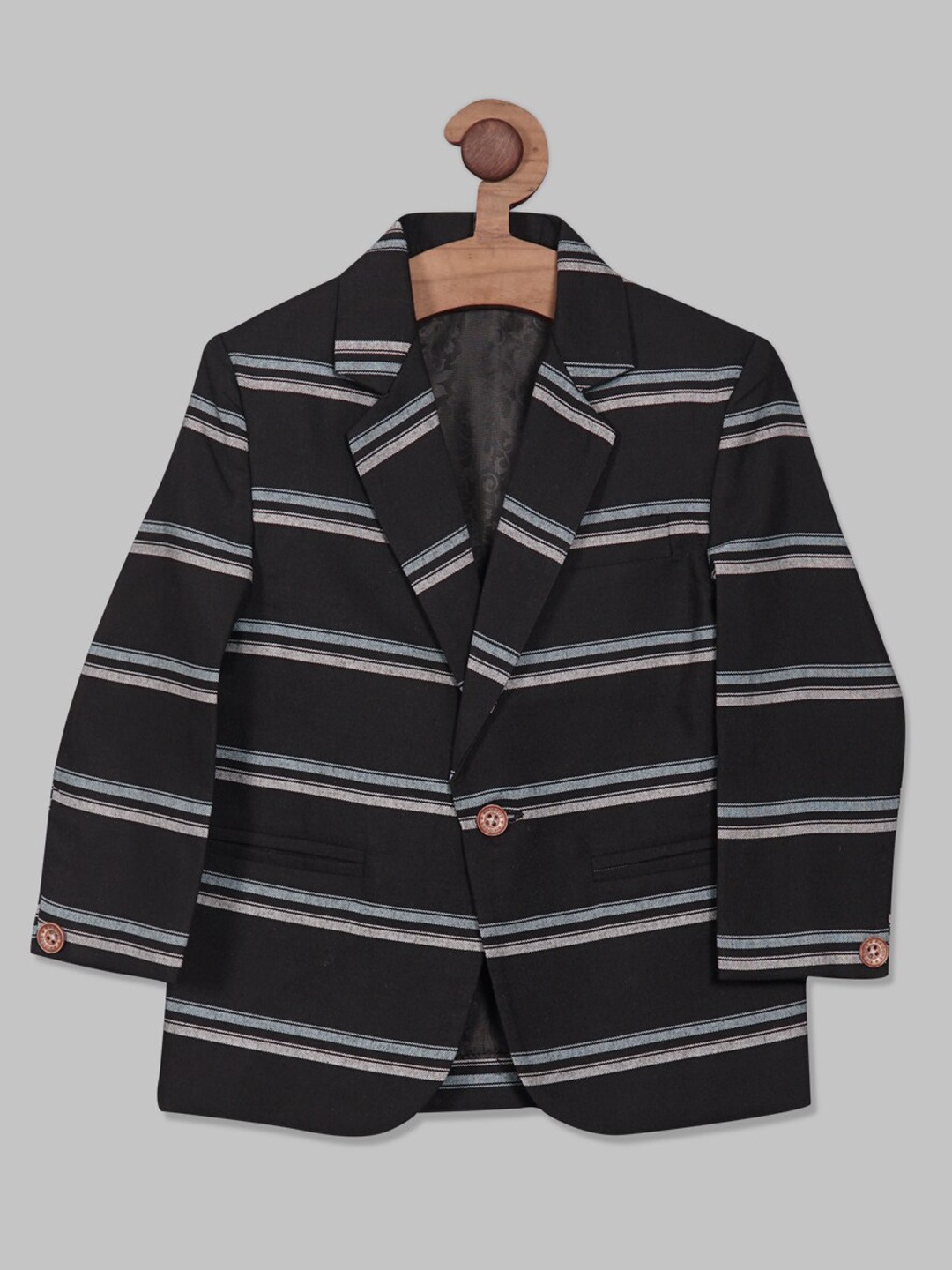 

RIKIDOOS Boys Striped Cotton Single-Breasted Blazer, Black