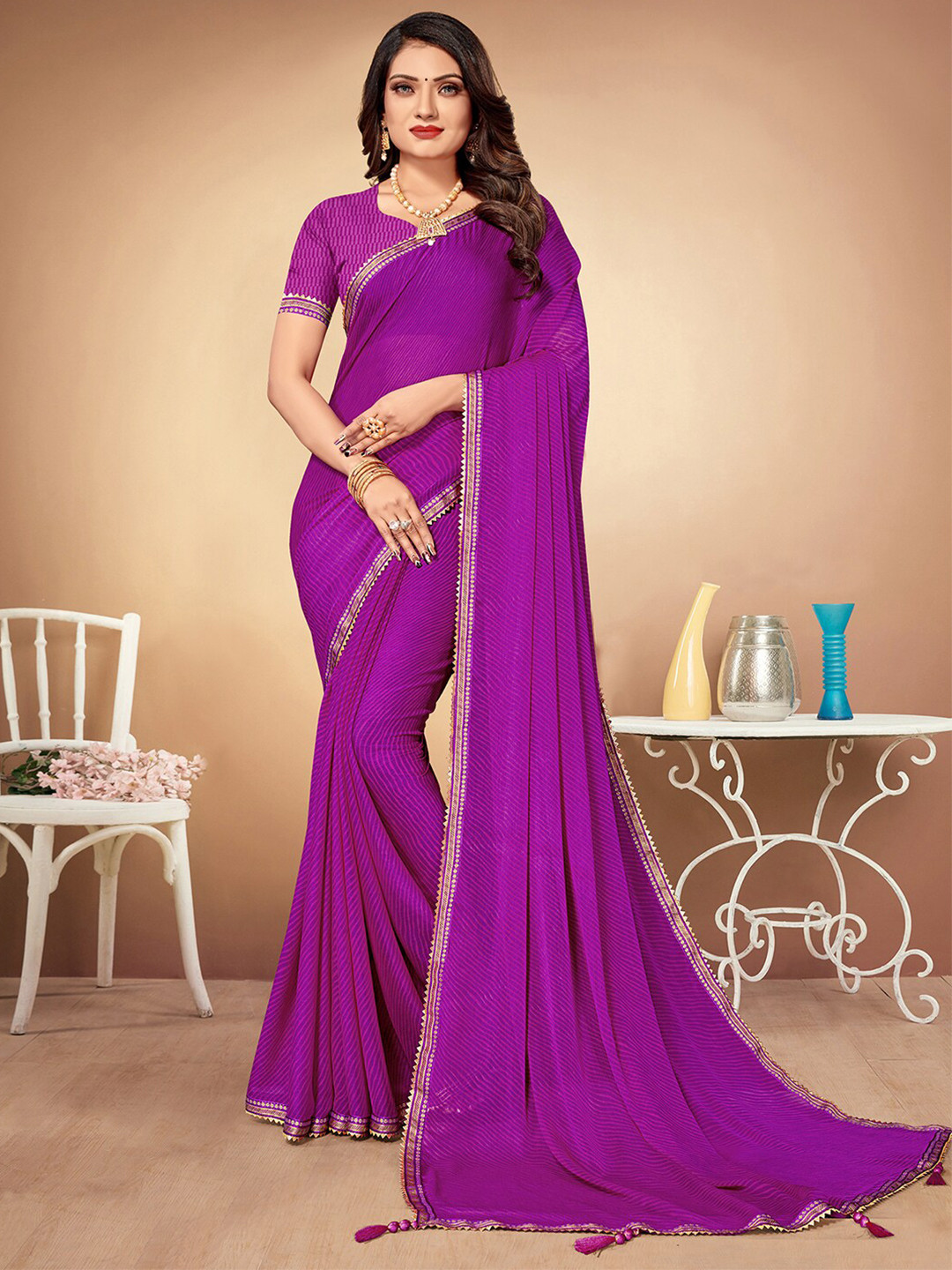 

Mitera Purple & Gold-Toned Poly Chiffon Leheriya Saree