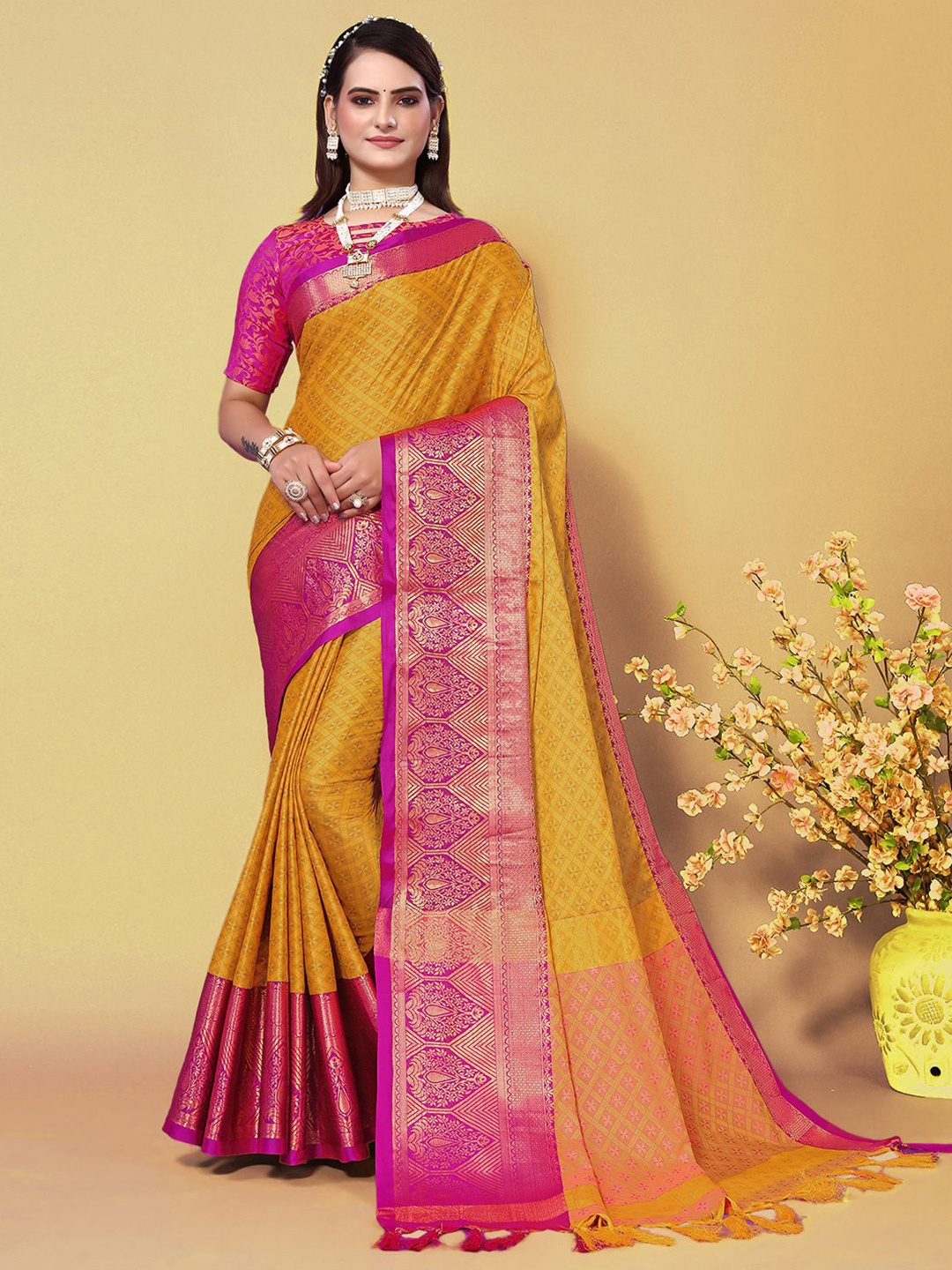

Mitera Yellow & Maroon Woven Design Zari Silk Cotton Saree