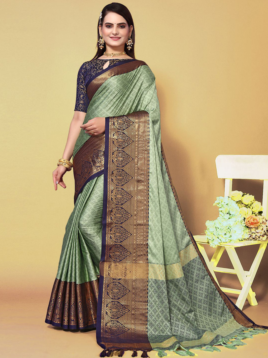 

Mitera Green & Brown Woven Design Zari Silk Cotton Saree