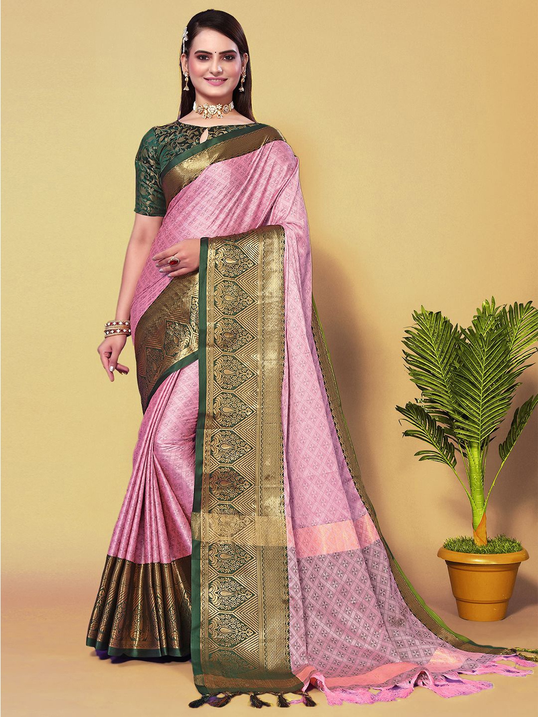 

Mitera Pink & Green Woven Design Zari Silk Cotton Saree