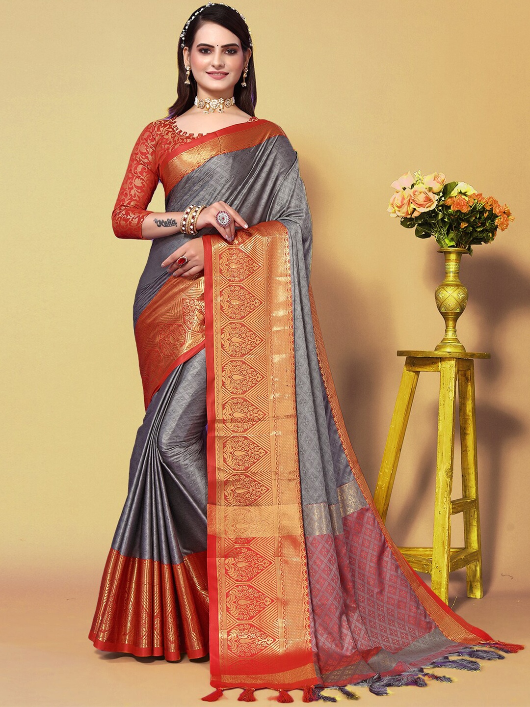 

Mitera Grey & Red Woven Design Zari Silk Cotton Saree