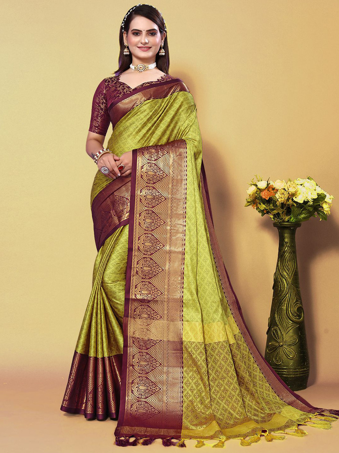 

Mitera Green & Brown Woven Design Zari Saree
