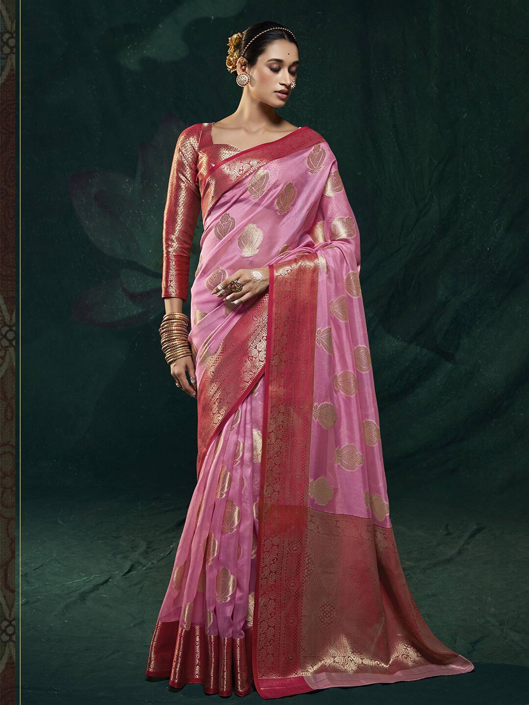 

Mitera Pink & Red Woven Design Zari Banarasi Saree