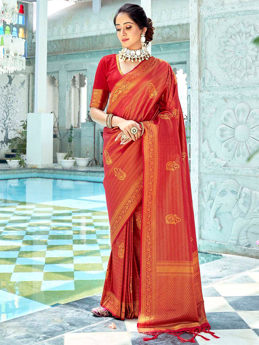 

Mitera Red Woven Design Zari Saree