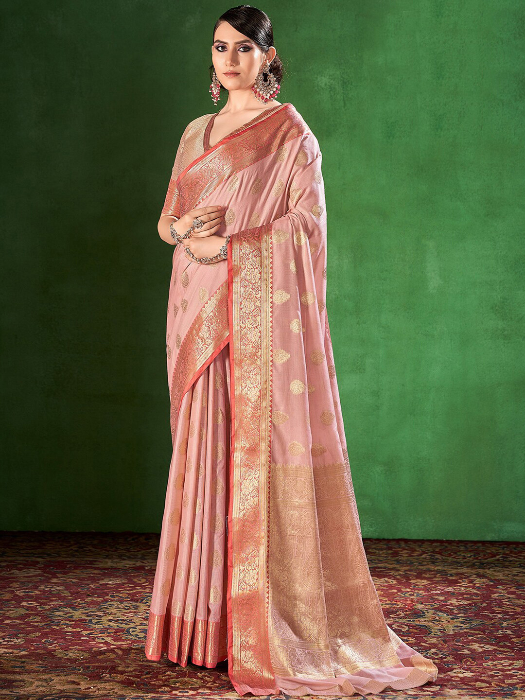 

Mitera Peach-Coloured & Red Ethnic Motifs Zari Banarasi Saree