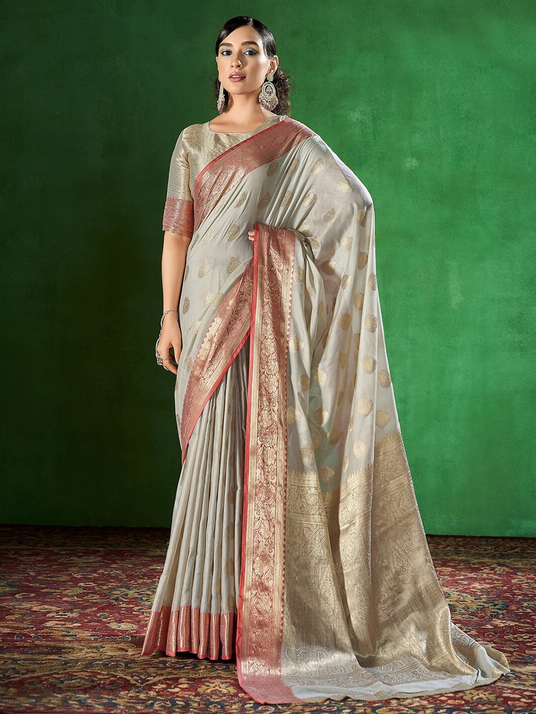 

Mitera Grey & Maroon Ethnic Woven Design Zari Banarasi Saree