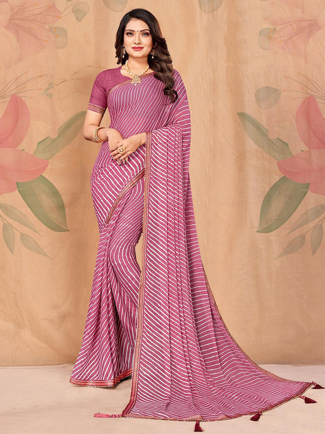 

Mitera Pink & Gold-Toned Leheriya Poly Chiffon Saree