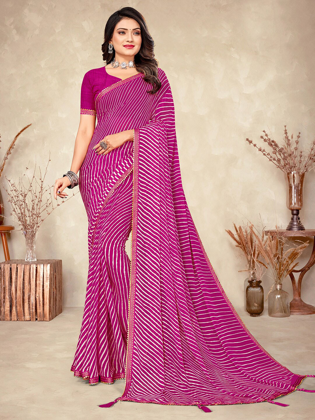 

Mitera Pink & Gold-Toned Leheriya Poly Chiffon Saree