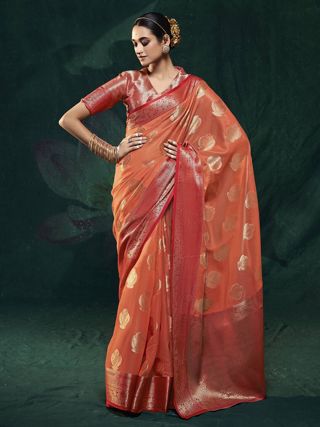 

Mitera Orange & Gold-Toned Woven Design Zari Organza Banarasi Saree