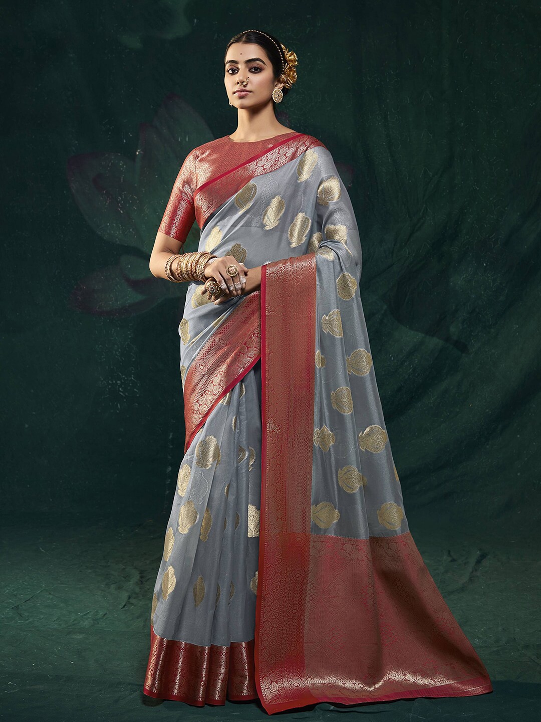 

Mitera Grey & Orange Woven Design Zari Organza Banarasi Saree