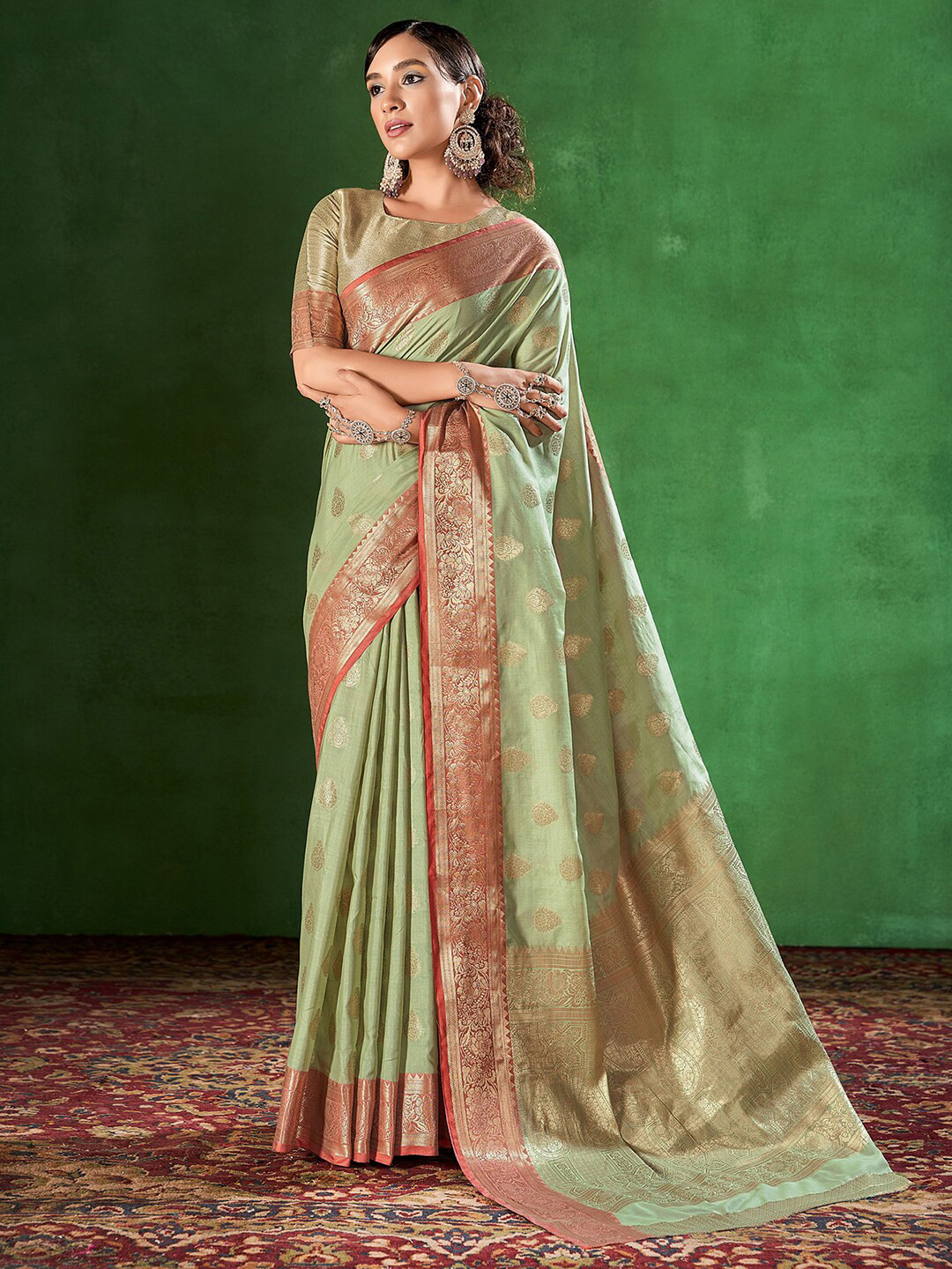 

Mitera Green & Orange Woven Design Zari Banarasi Saree