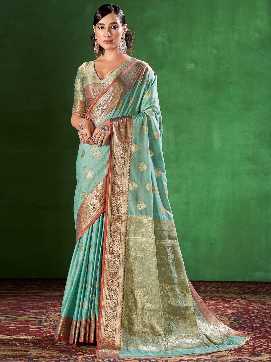 

Mitera Turquoise Blue & Red Woven Design Zari Banarasi Saree