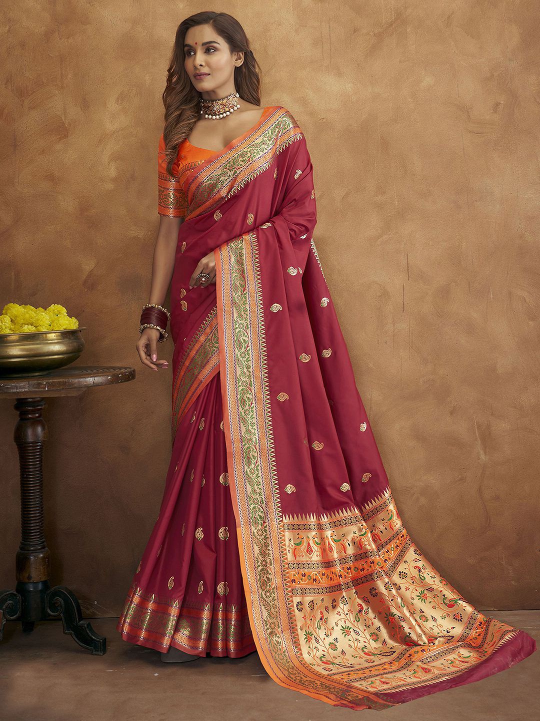 

Mitera Maroon & Gold Toned Woven Design Zari Paithani Saree