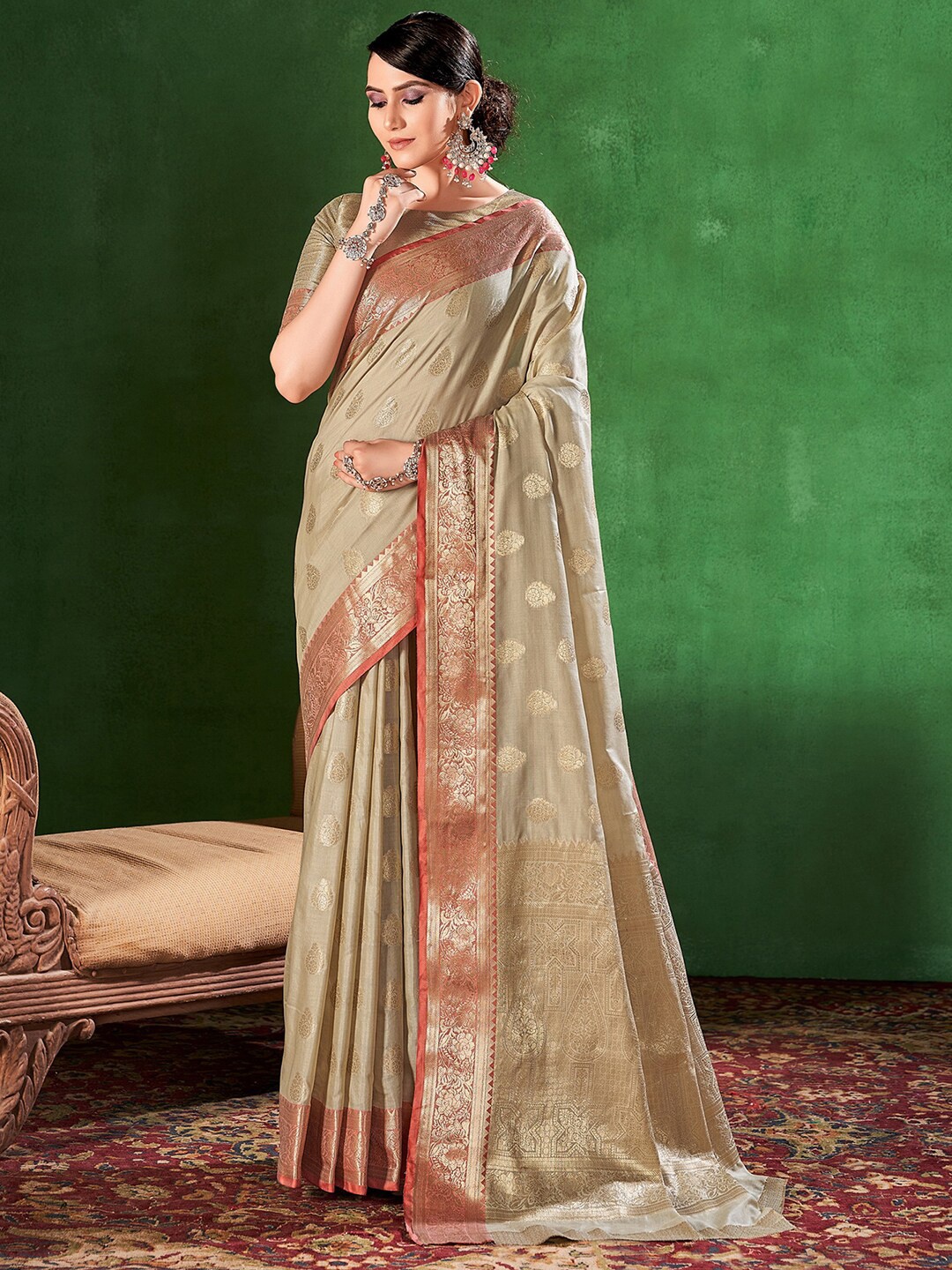 

Mitera Grey & Orange Ethnic Motifs Woven Design Zari Banarasi Saree