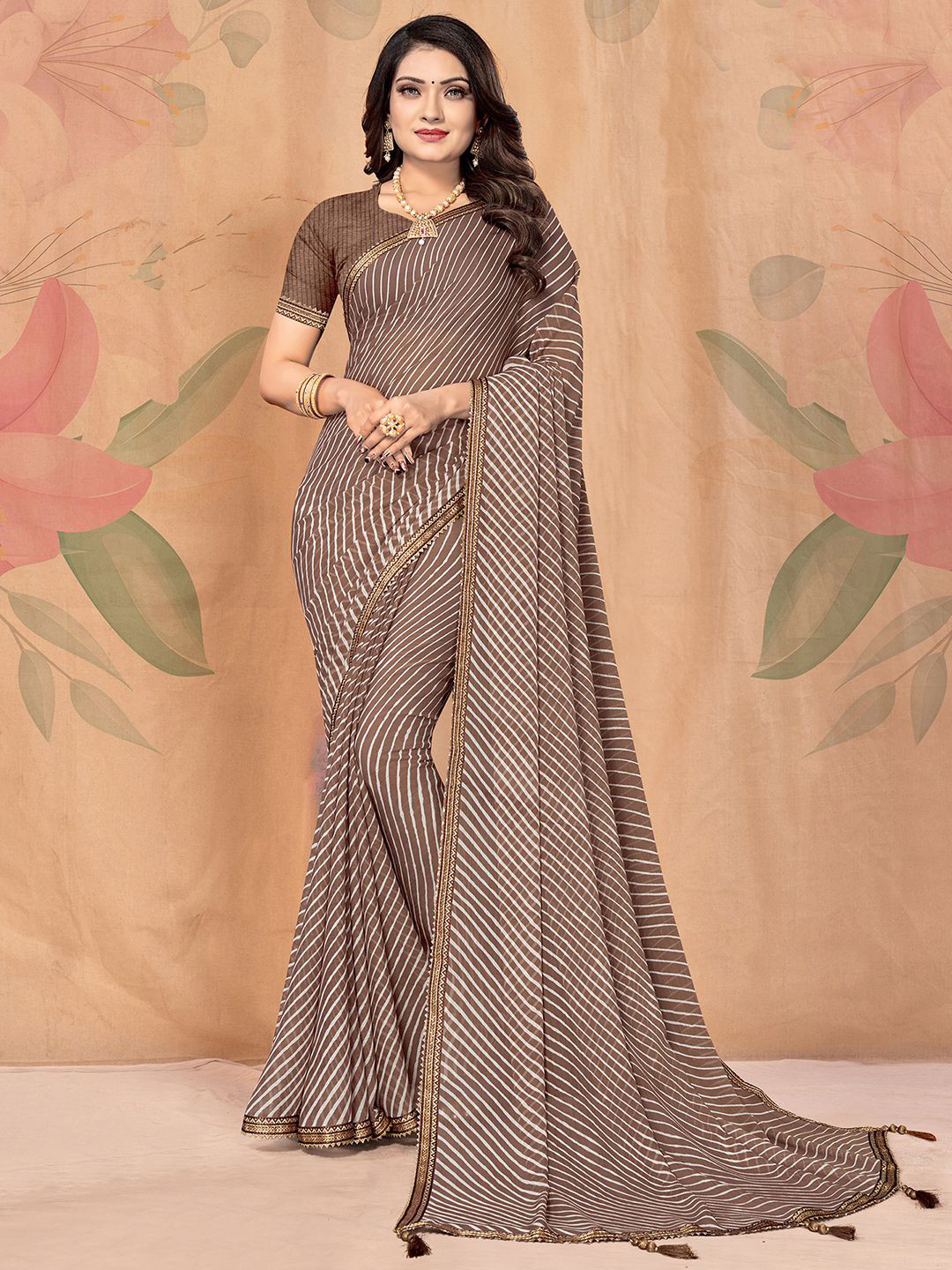 

Mitera Brown & White Printed Leheriya Saree
