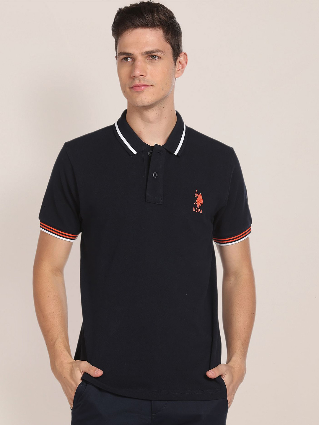 

U.S. Polo Assn. Striped Collar Solid Polo Shirt, Navy blue