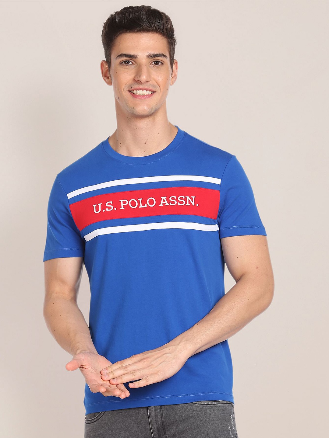 

U.S. Polo Assn. Striped Round Neck Pure Cotton T-shirt, Blue