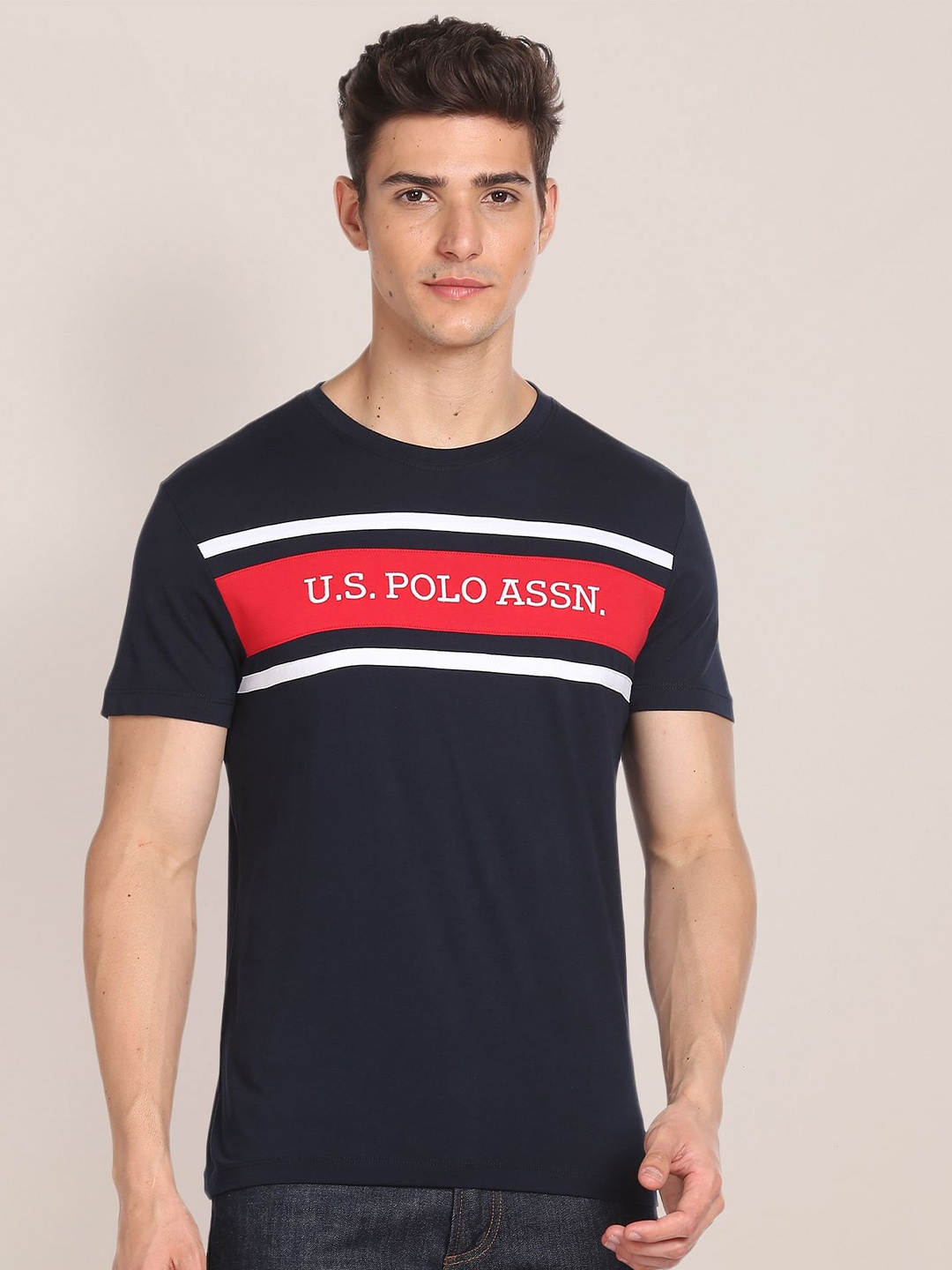 U.S. Polo Assn. Striped Round Neck Pure Cotton T-shirt, Navy blue