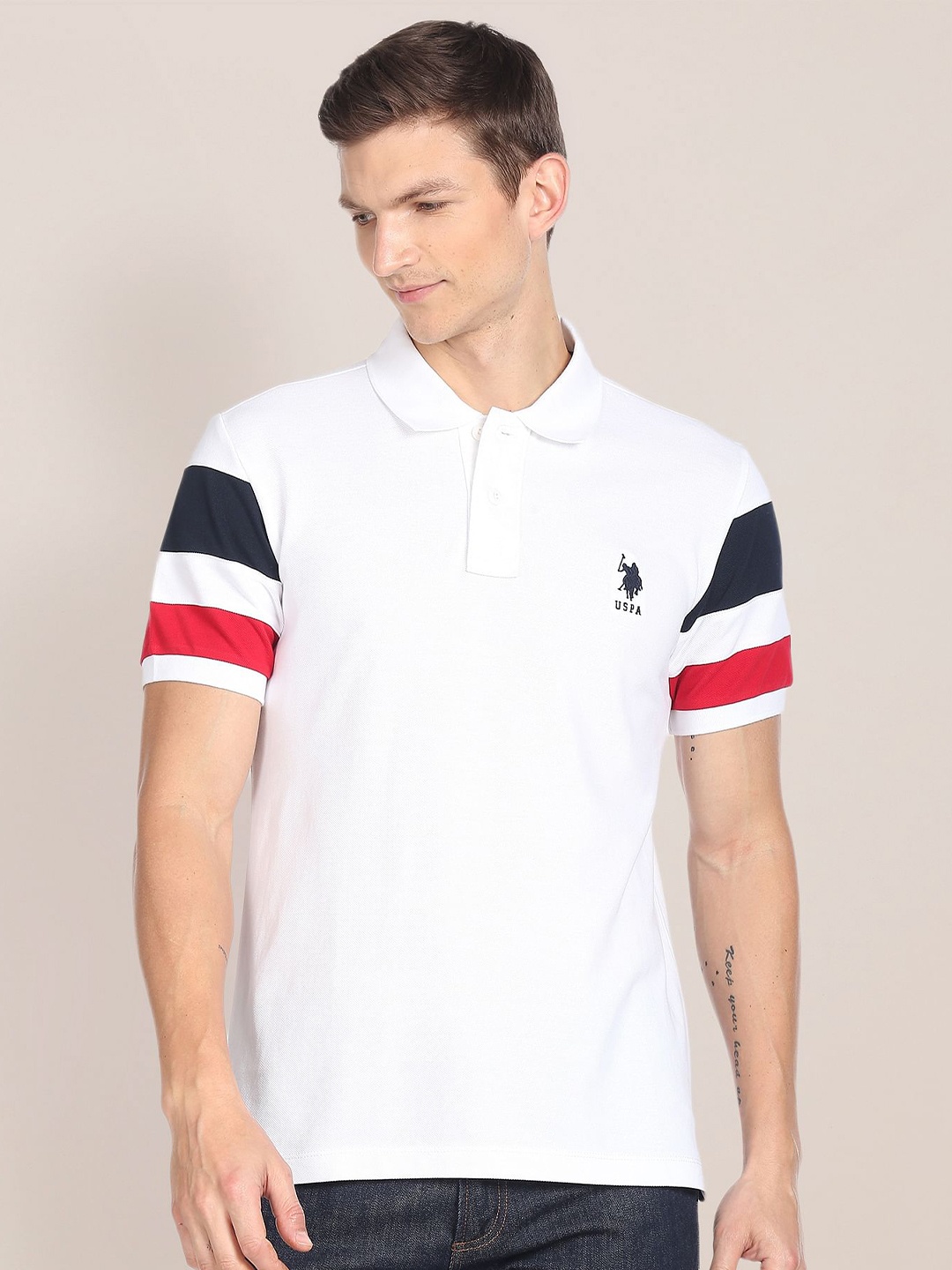 

U.S. Polo Assn. Striped Sleeve Cotton Polo Shirt, White