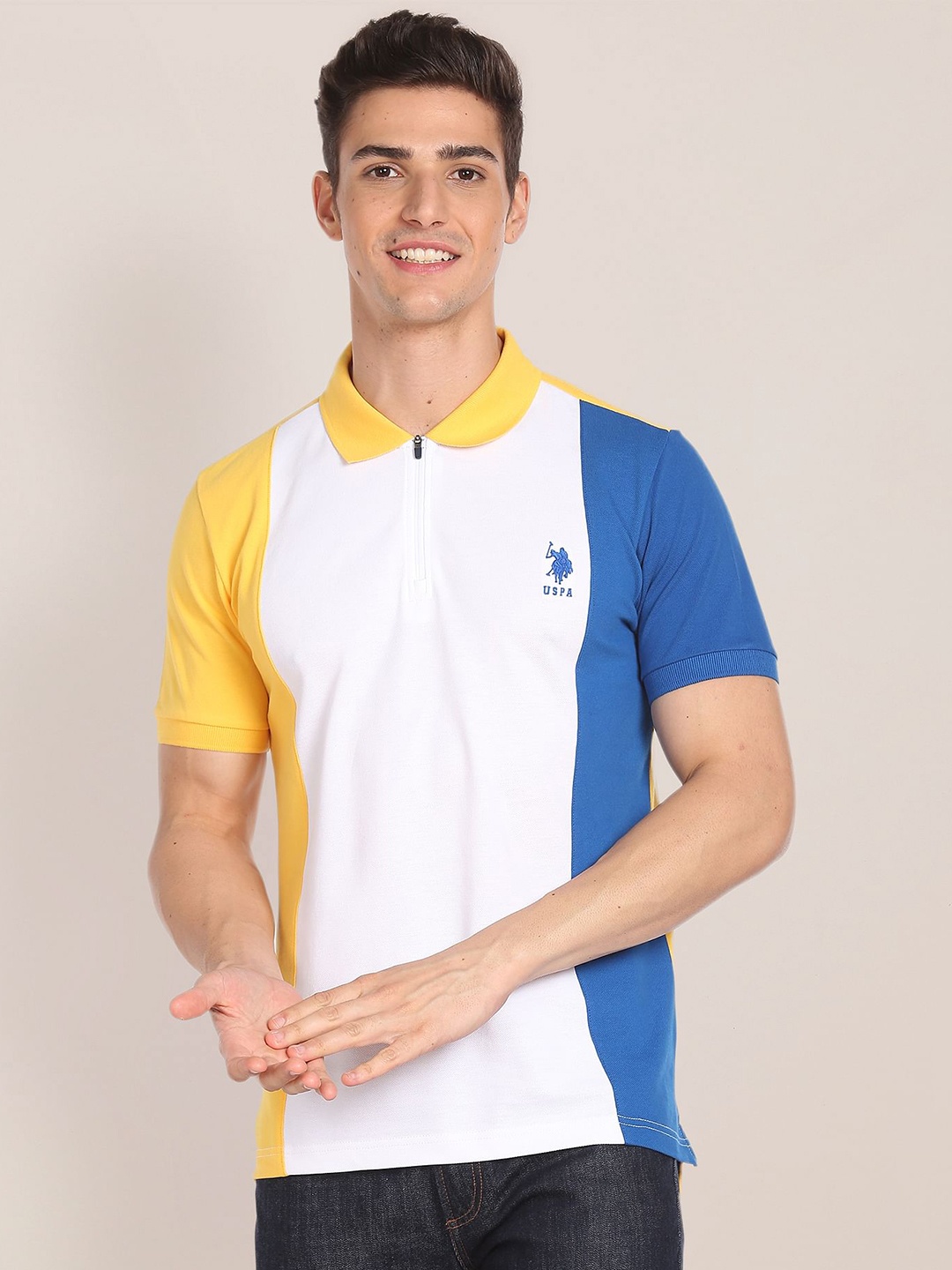 

U.S. Polo Assn. Slim Fit Pure Cotton Colourblocked Polo Collar T-shirt, Yellow