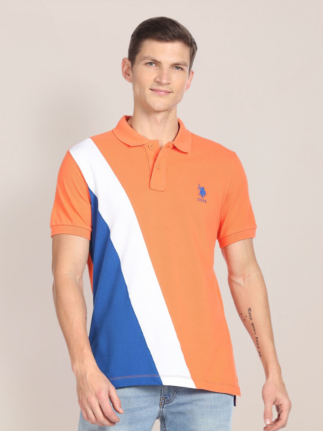 

U.S. Polo Assn. Colourblocked Polo Collar Pure Cotton Slim Fit T-shirt, Orange
