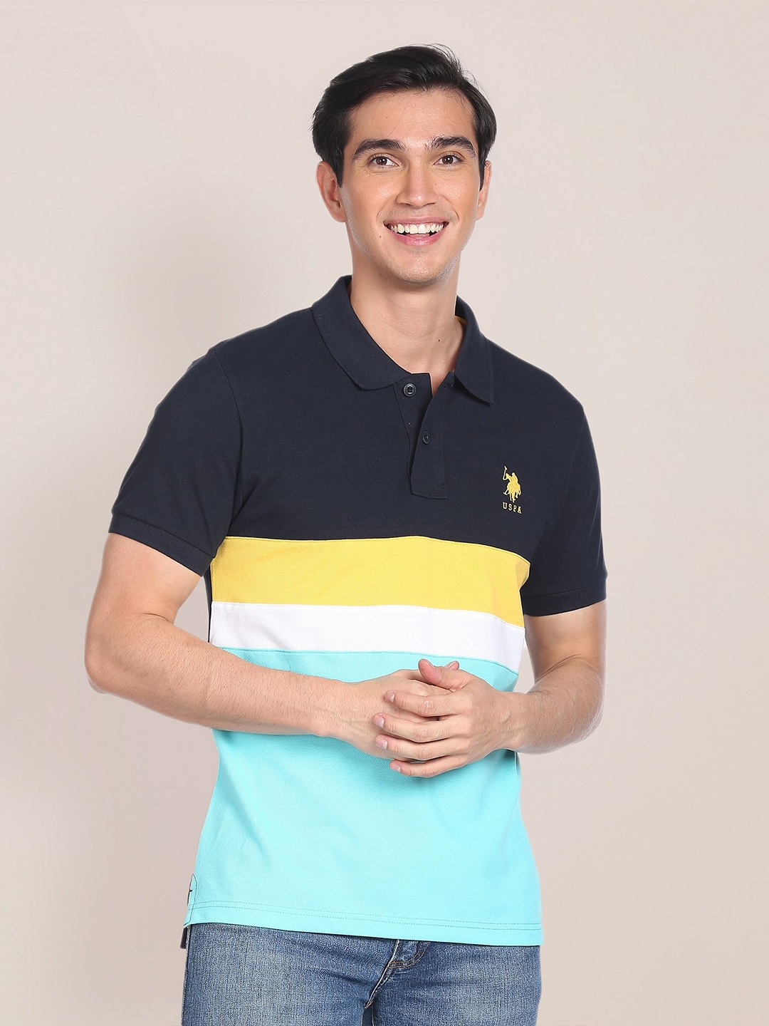 

U.S. Polo Assn. Colourblocked Polo Collar Slim Fit Pure Cotton T-shirt, Black