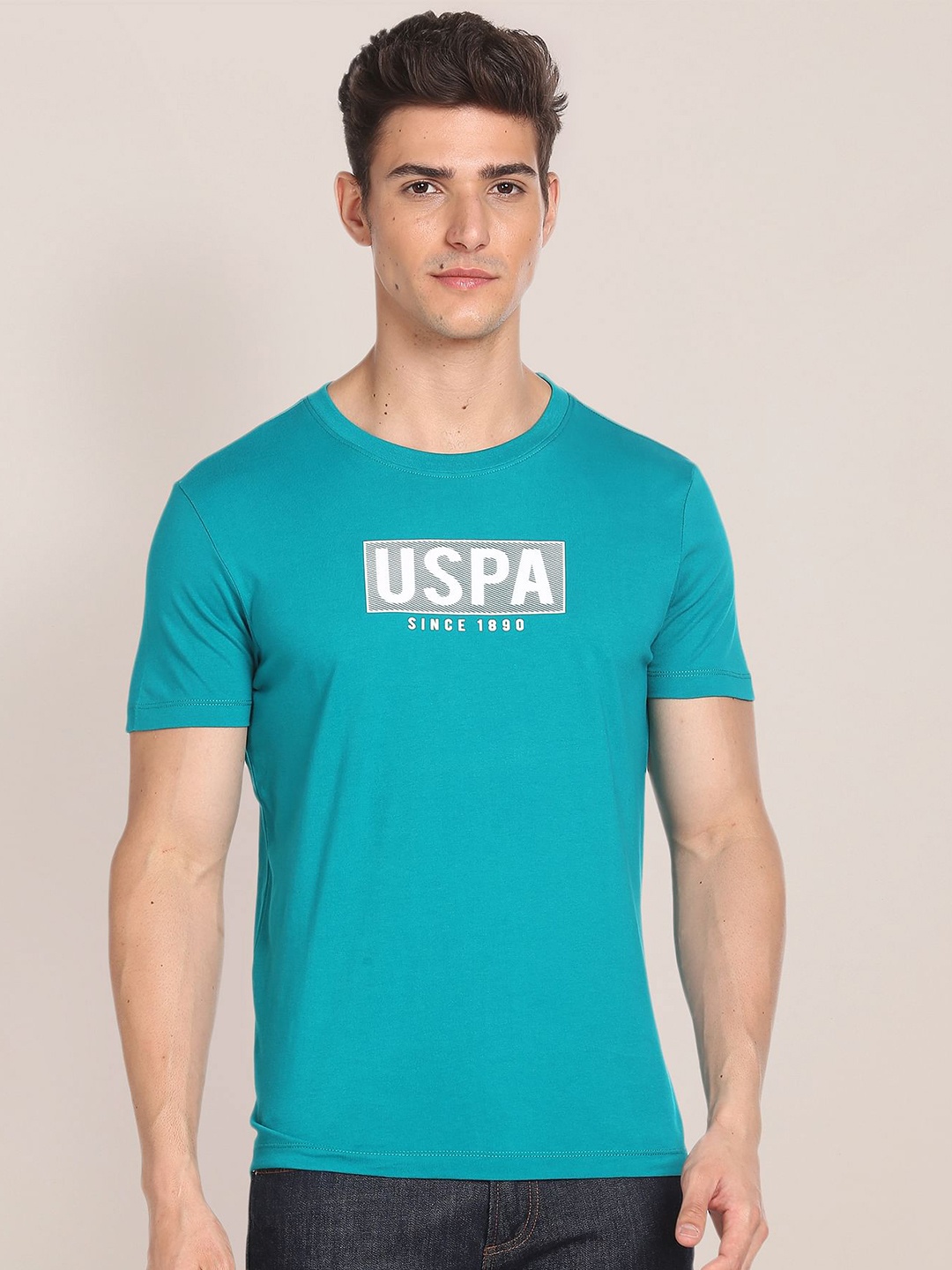 U.S. Polo Assn. Pure Cotton Brand Logo Printed Slim Fit T-Shirt, Teal