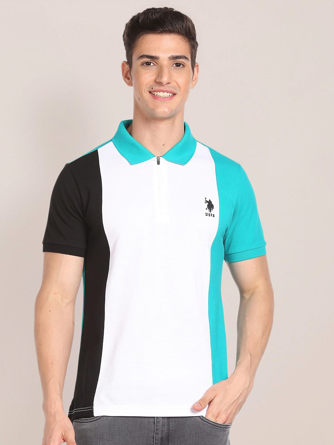 

U.S. Polo Assn. Colourblocked Cotton Polo T-shirt, Blue