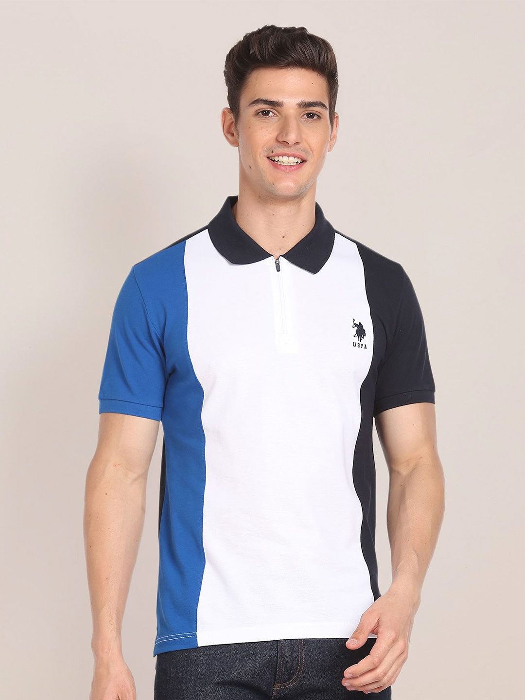 

U.S. Polo Assn. Colourblocked Cotton Polo T-shirt, Blue