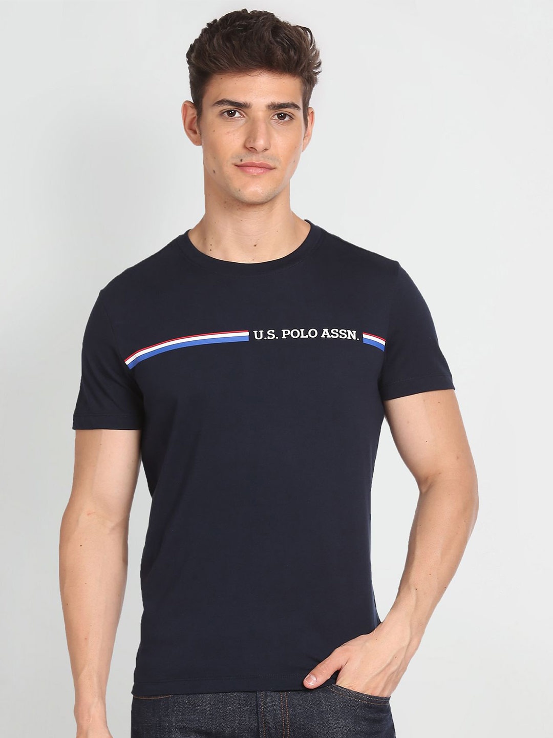 

U.S. Polo Assn. Crew Neck Brand Logo Printed Pure Cotton T-Shirt, Blue
