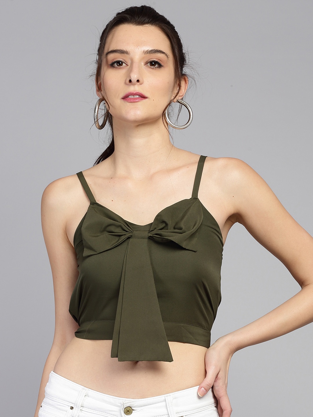 

BAESD Shoulder Strapped Crepe Crop Top With Bow Detail, Green