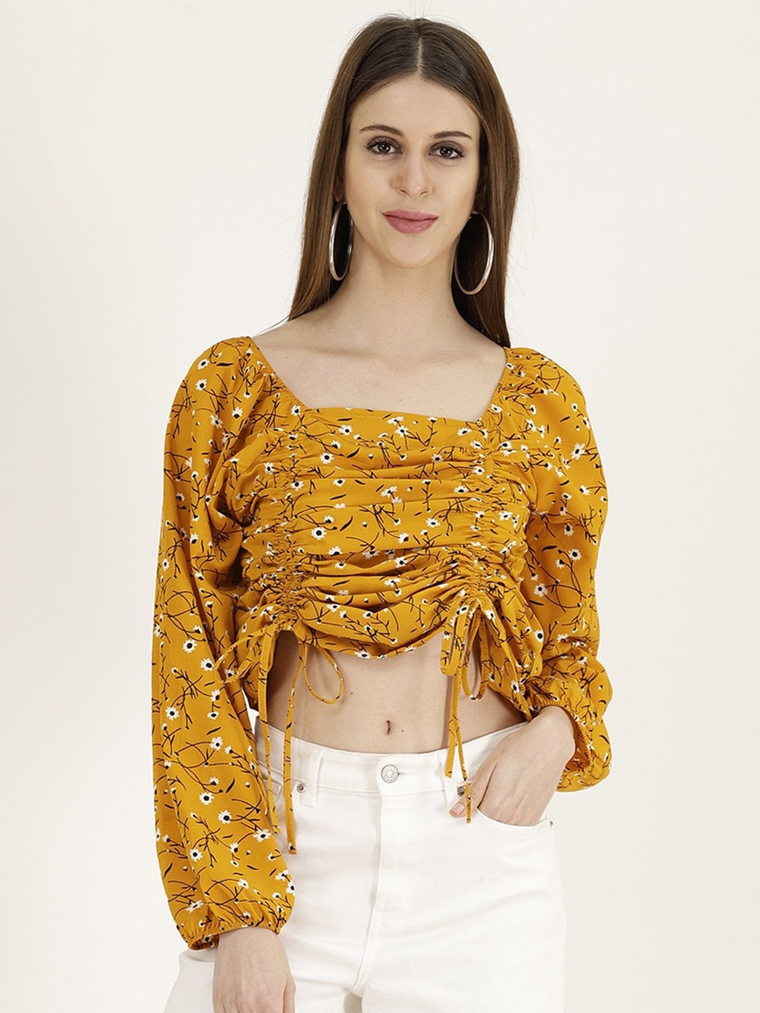 

BAESD Floral Printed Puff Sleeve Ruched Crepe Crop Top, Mustard