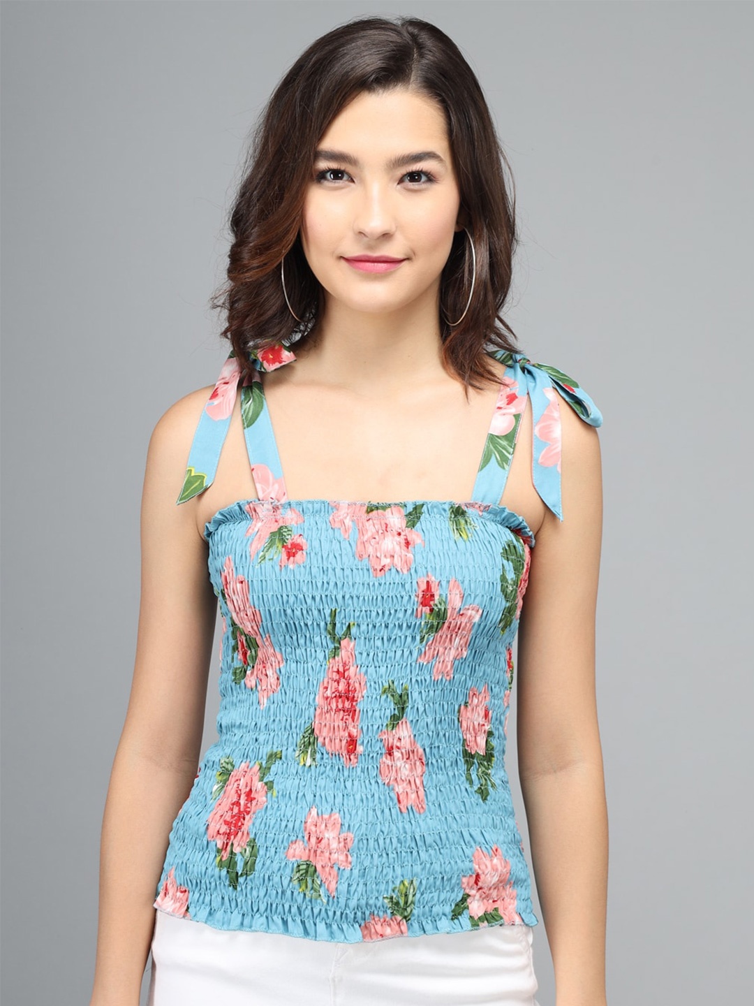 

BAESD Floral Printed Smocked Shoulder Strapped Cotton Crepe Top, Blue