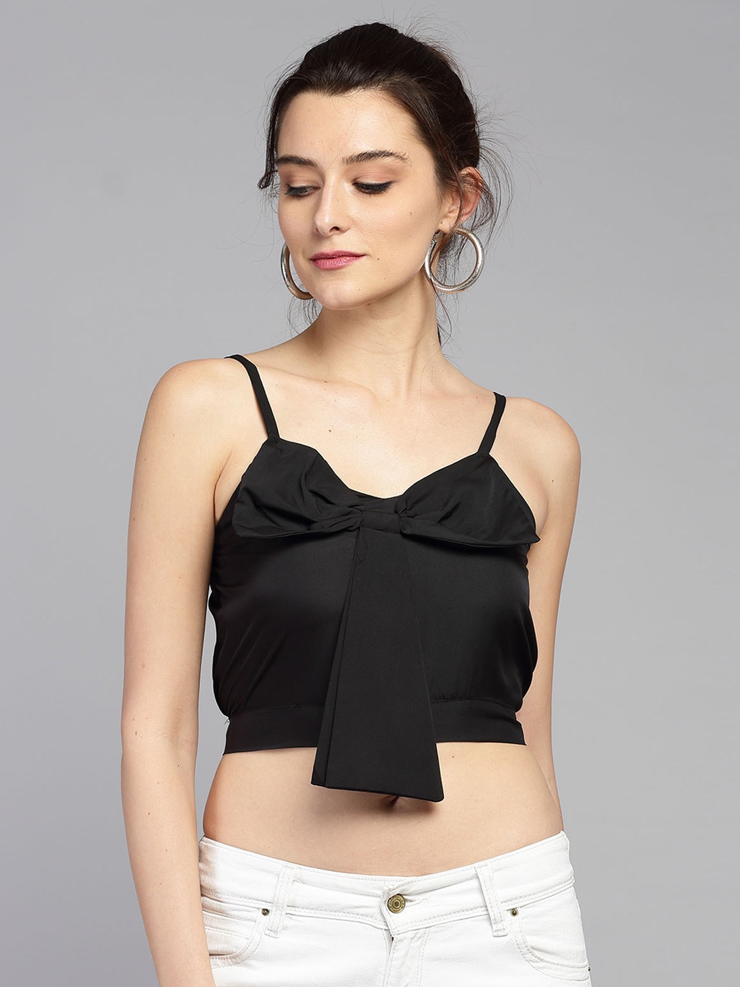 

BAESD Shoulder Strapped Crepe Crop Top With Bow Detail, Black