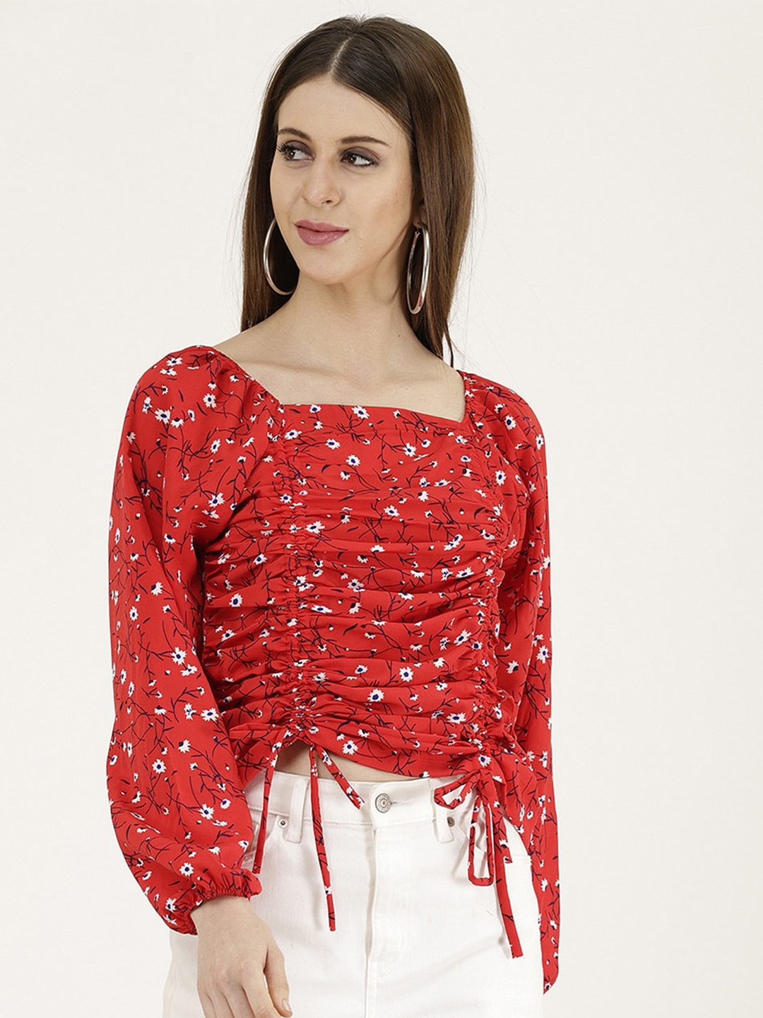 

BAESD Floral Printed Puff Sleeve Ruched Crepe Crop Top, Red