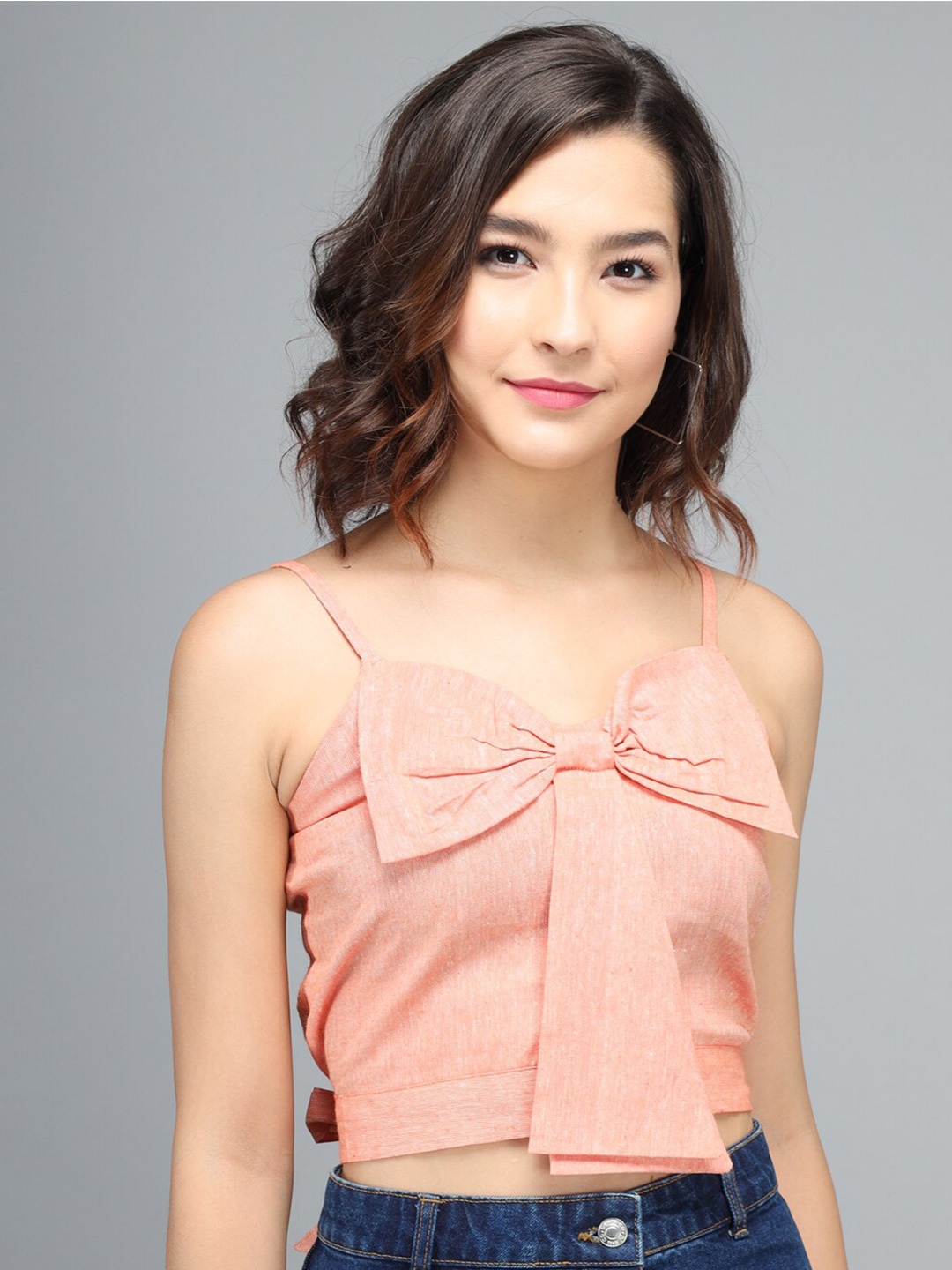 

BAESD Shoulder Strapped Pure Cotton Crop Top With Bow Detail, Pink