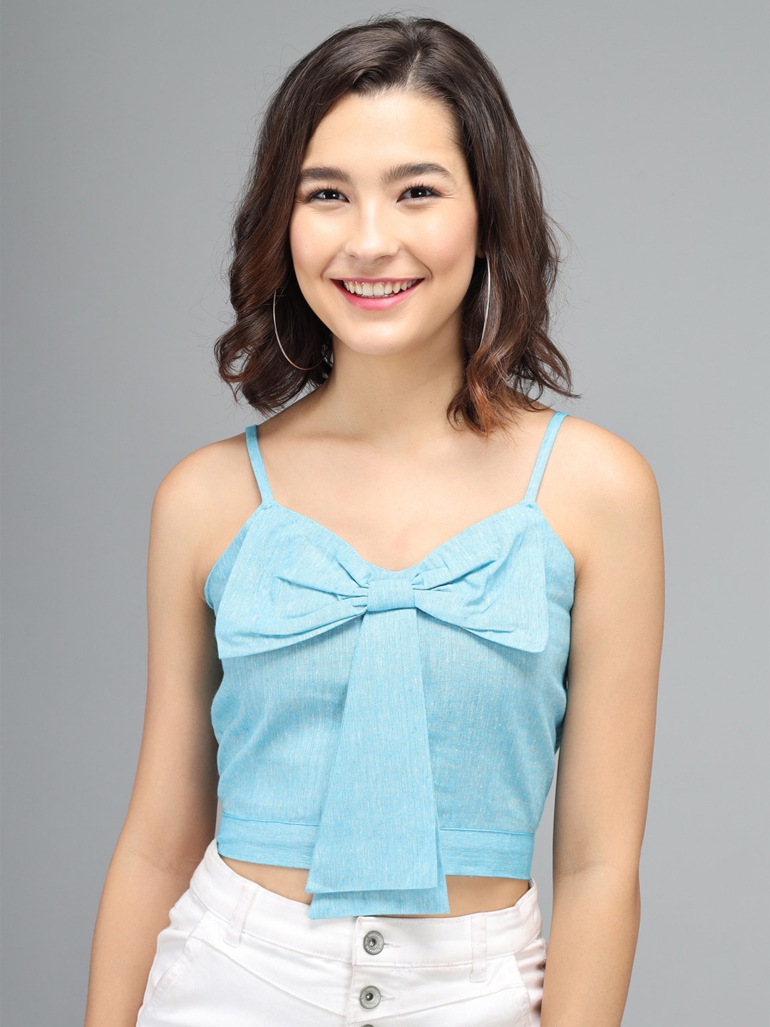 

BAESD Shoulder Straps Bow Detail Pure Cotton Crop Top, Blue